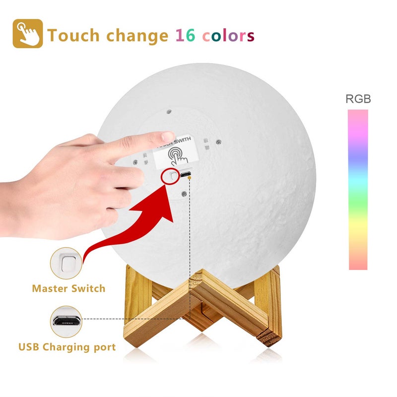LOGROTATE Moon Lamp 16 Colors, Dimmable, Rechargeable Lunar Night Light (5.9 inch) Full Set with Wooden Stand, Remote & Touch Control - Cool Nursery Decor for Baby Kids Bedroom, Birthday Day Gifts - Image 2